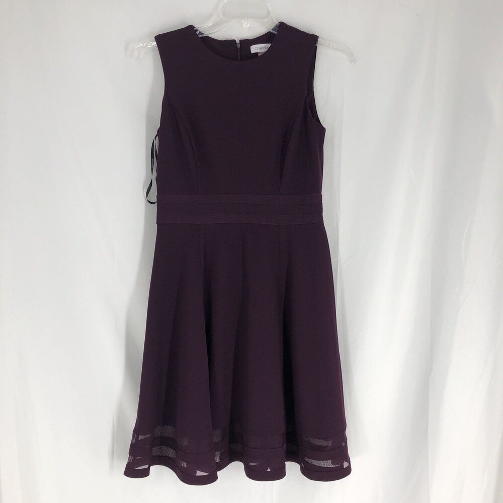 Calvin Klein Plum Fit & Flare Pleated Dress Knee Length Size 8 Sleeveless